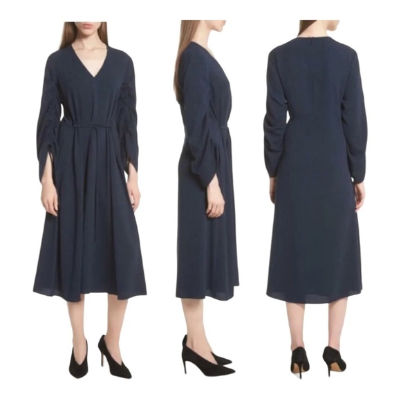 Tibi Ruched Convertible Bell Sleeve Cinched Stretch Crepe Midi Dress Navy Blue 8 - Picture 1 of 11